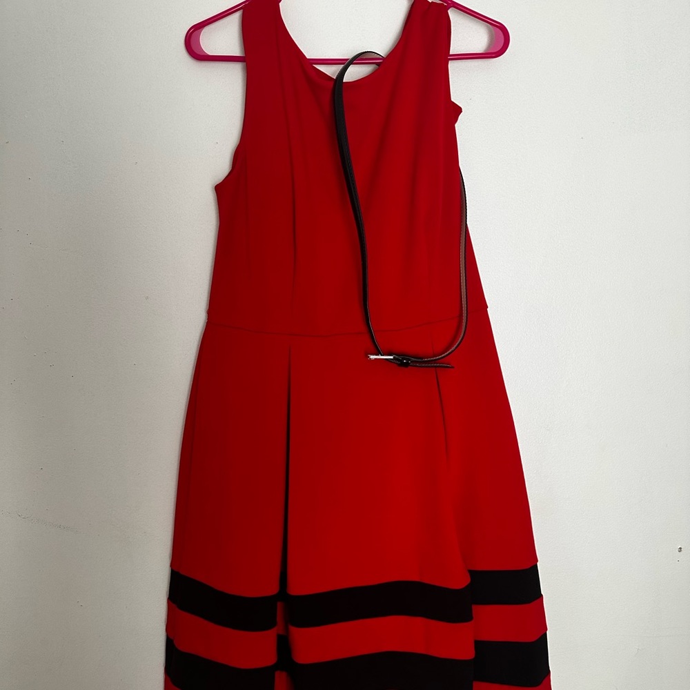 Belted red cinched waist dress